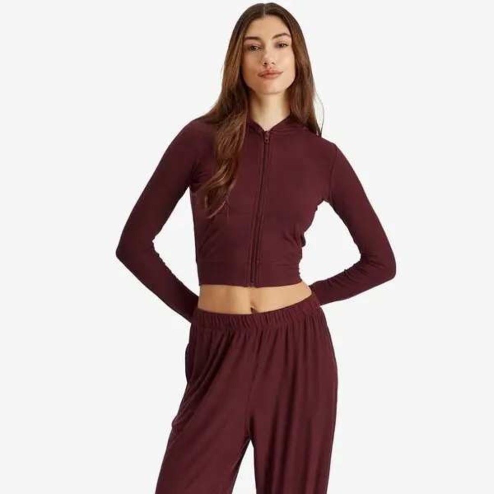 Skims Ribbed Knit Soft Lounge Zip Up Hoodie Bordeaux Women's Small